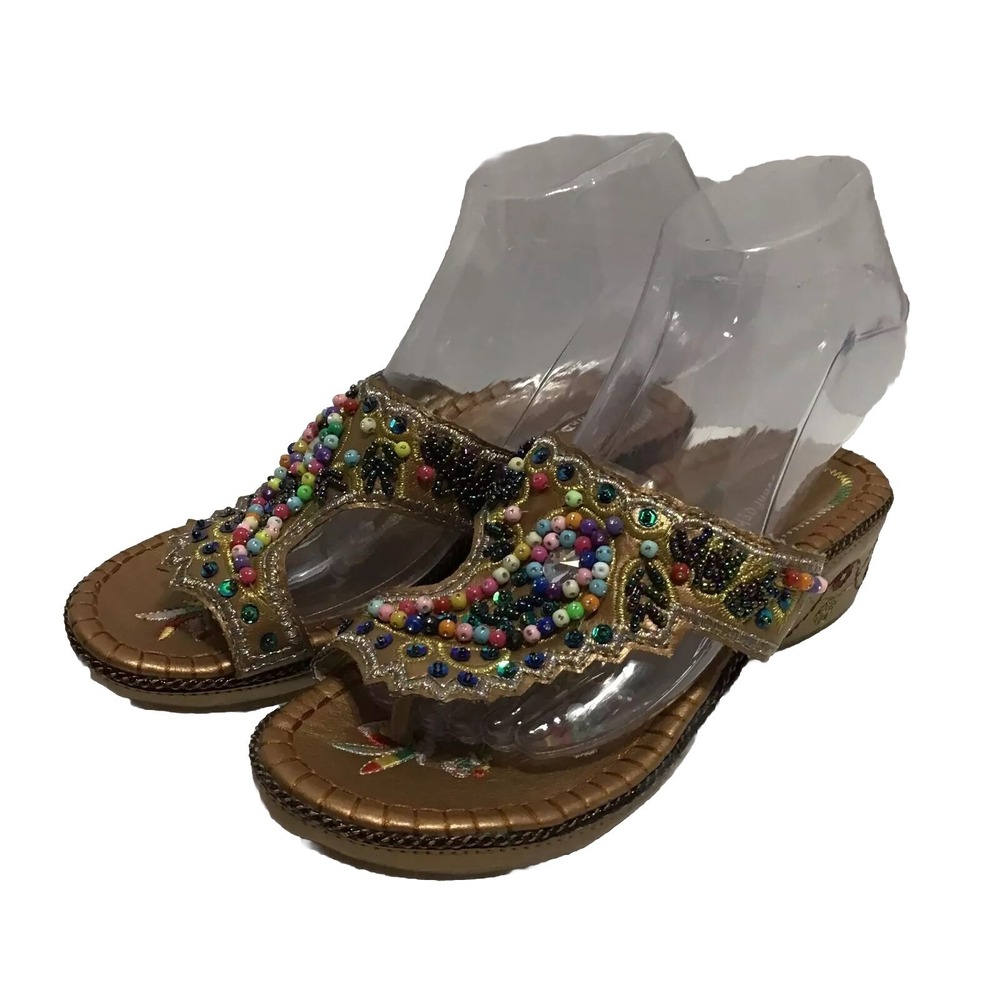 John Fashion Bronze Beaded Wedge Sandal Boho T-Strap Flip Flop Multi Color Beads - Picture 2 of 9